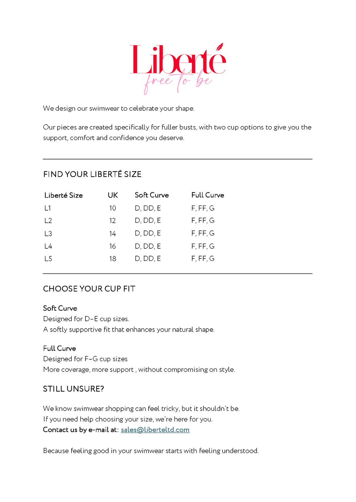 A sizing and fit guide sheet for the brand Liberté, featuring the brand name in red at the top, descriptive text about swimwear cup options, a size chart table, and fit instructions on a white background.
