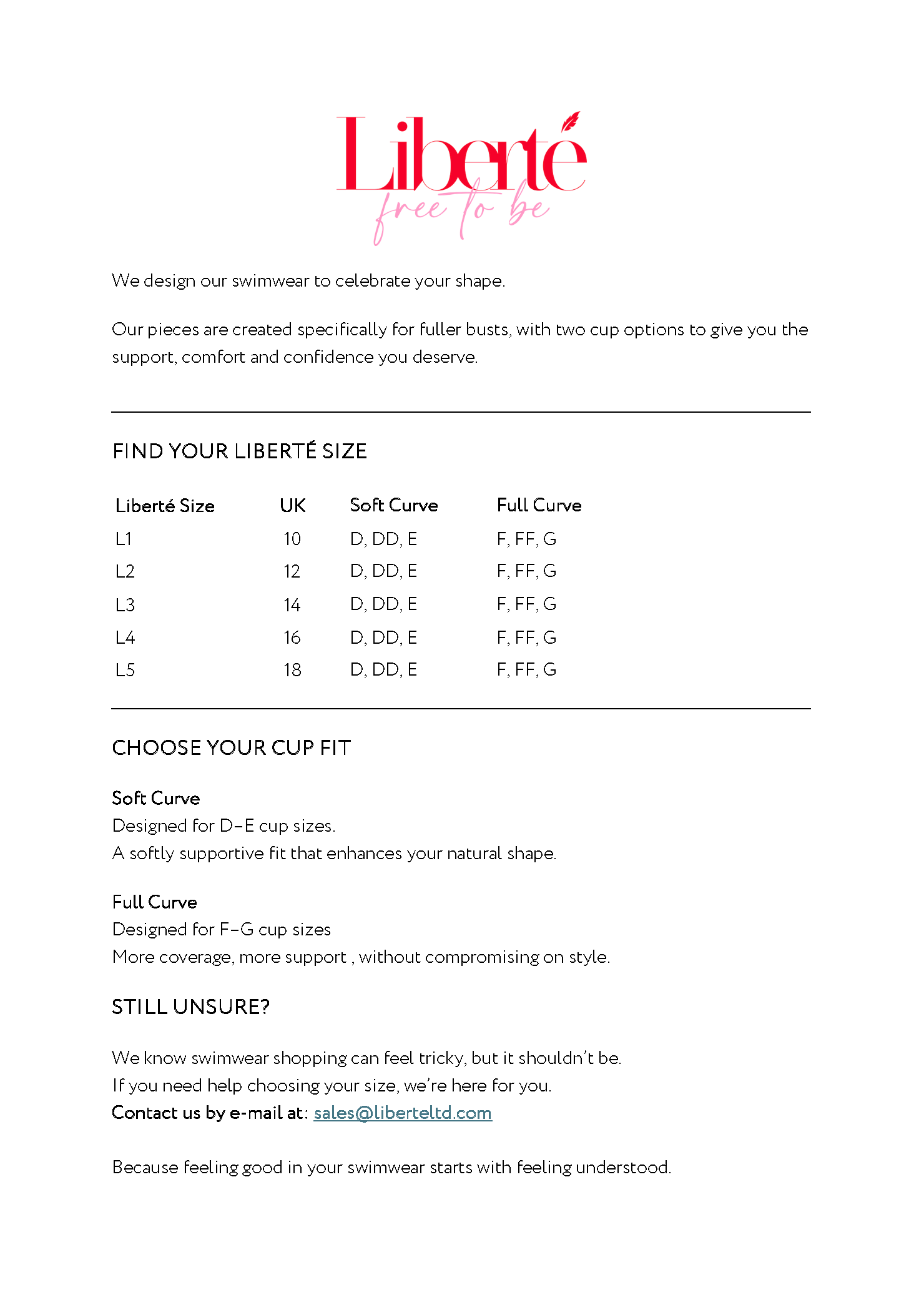 A sizing and fit guide sheet for the brand Liberté, featuring the brand name in red at the top, descriptive text about swimwear cup options, a size chart table, and fit instructions on a white background.